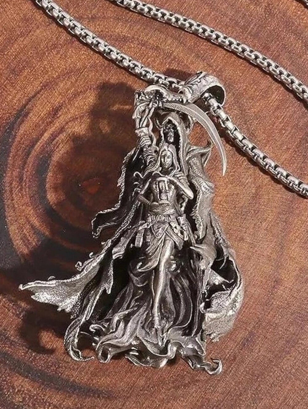 3D Metal Reaper Goddess Pendant Necklace, Fantasy Witchy Gothic Goth Fairycore